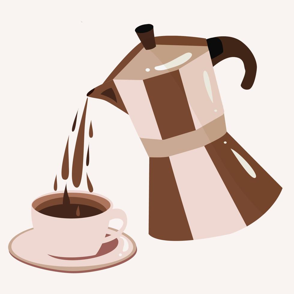 la cafetera vierte café espresso en una taza, ilustración vectorial aislada en fondo blanco vector