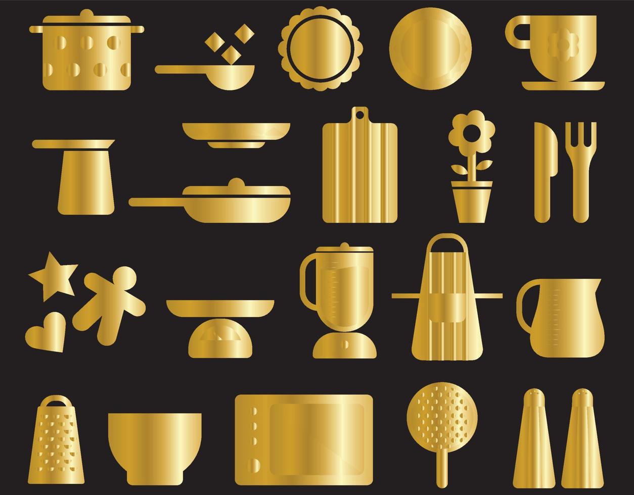 Gold kitchen icons set vector