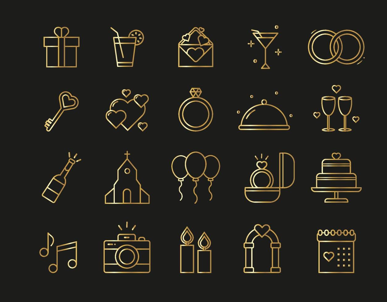 conjunto de iconos de boda de línea dorada vector