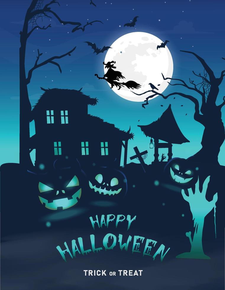 background full moon with silhouettes scary characters pumpkin zombie hand vector
