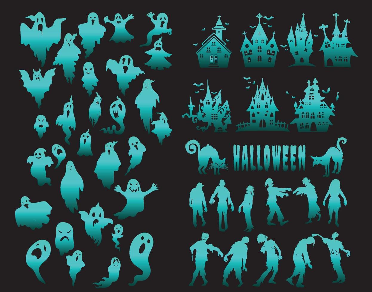 Spooky evil witch, creepy grave coffin and wizard silhouette vector