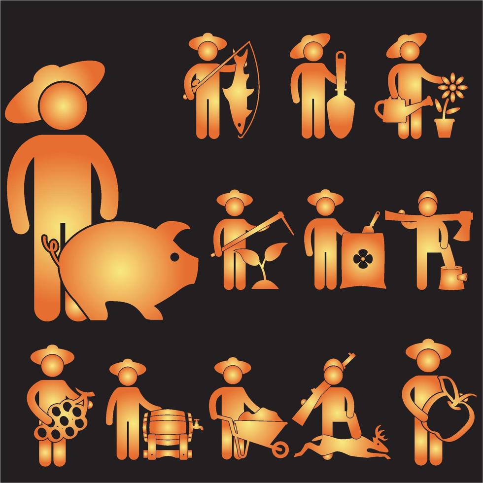 Farmer matchstick men isolated on black background vector