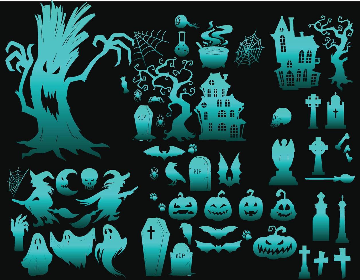 cartoon halloween spooky evil silhouettes witches monsters creepy ghost vector
