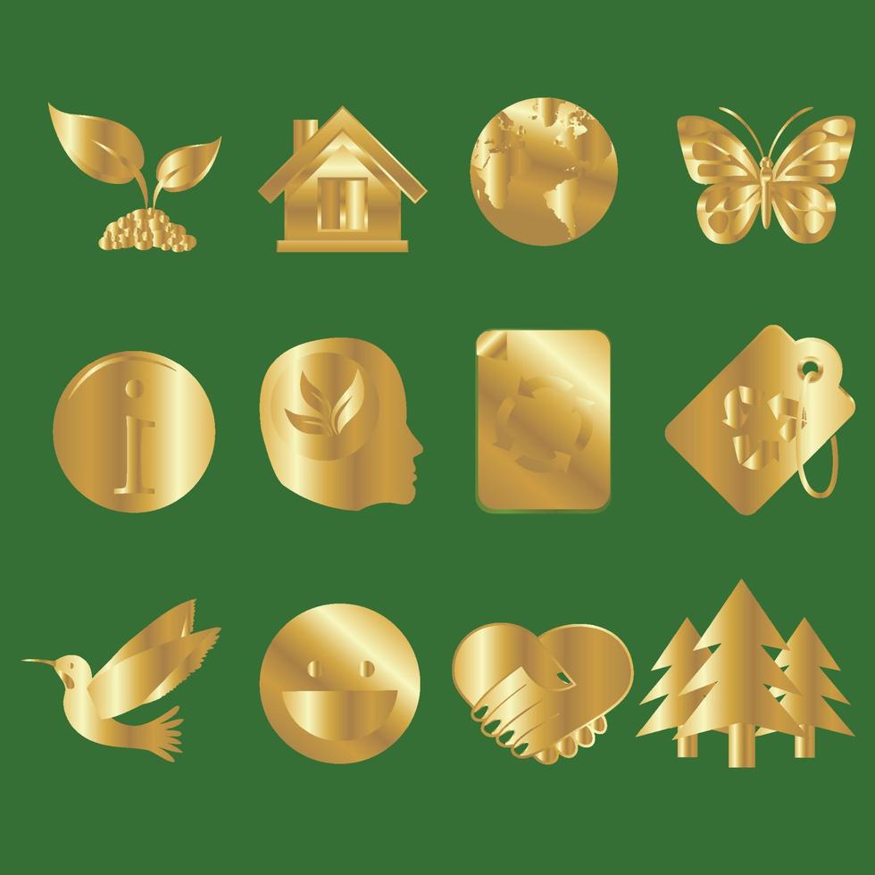 Set of gold green icons vector