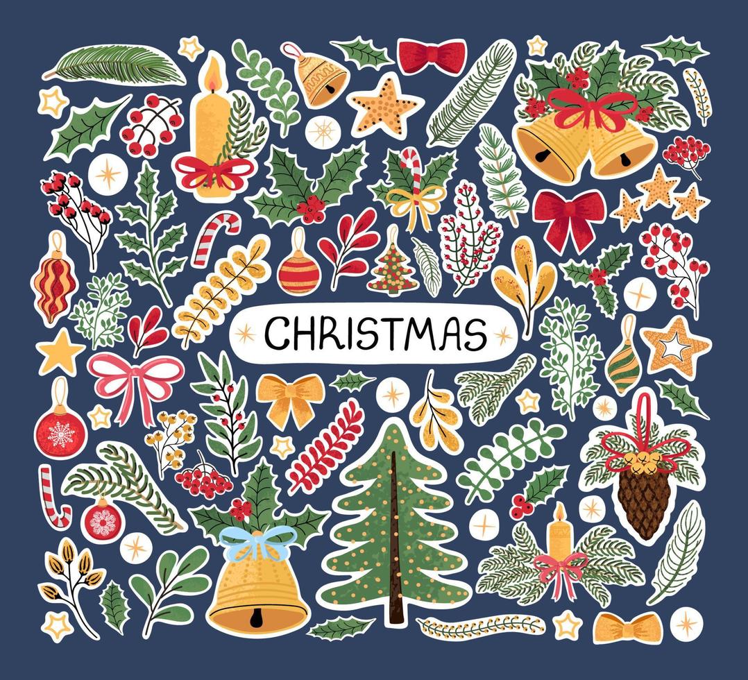 Vector conjunto de colores modernos con ilustraciones de doodle dibujadas a mano de objetos navideños y letras, pegatinas. Úselo como elementos para el diseño de tarjetas de felicitación, carteles, tarjetas, diseño de papel de embalaje