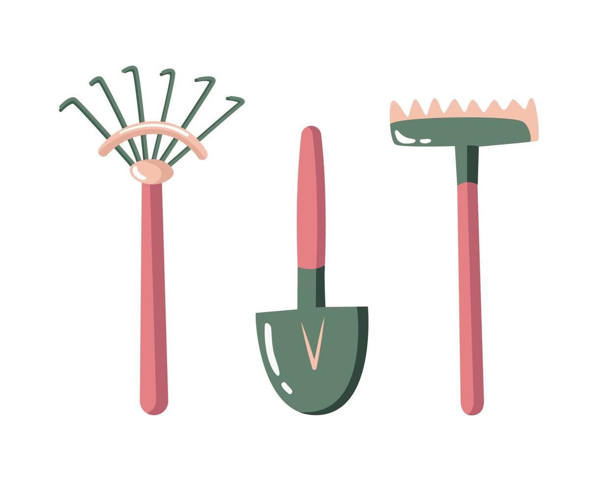 rastrillos y pala dibujados a mano. conjunto de vectores de herramientas de jardín. equipos para jardineria, articulos agricolas. elementos de diseño de dibujos animados.