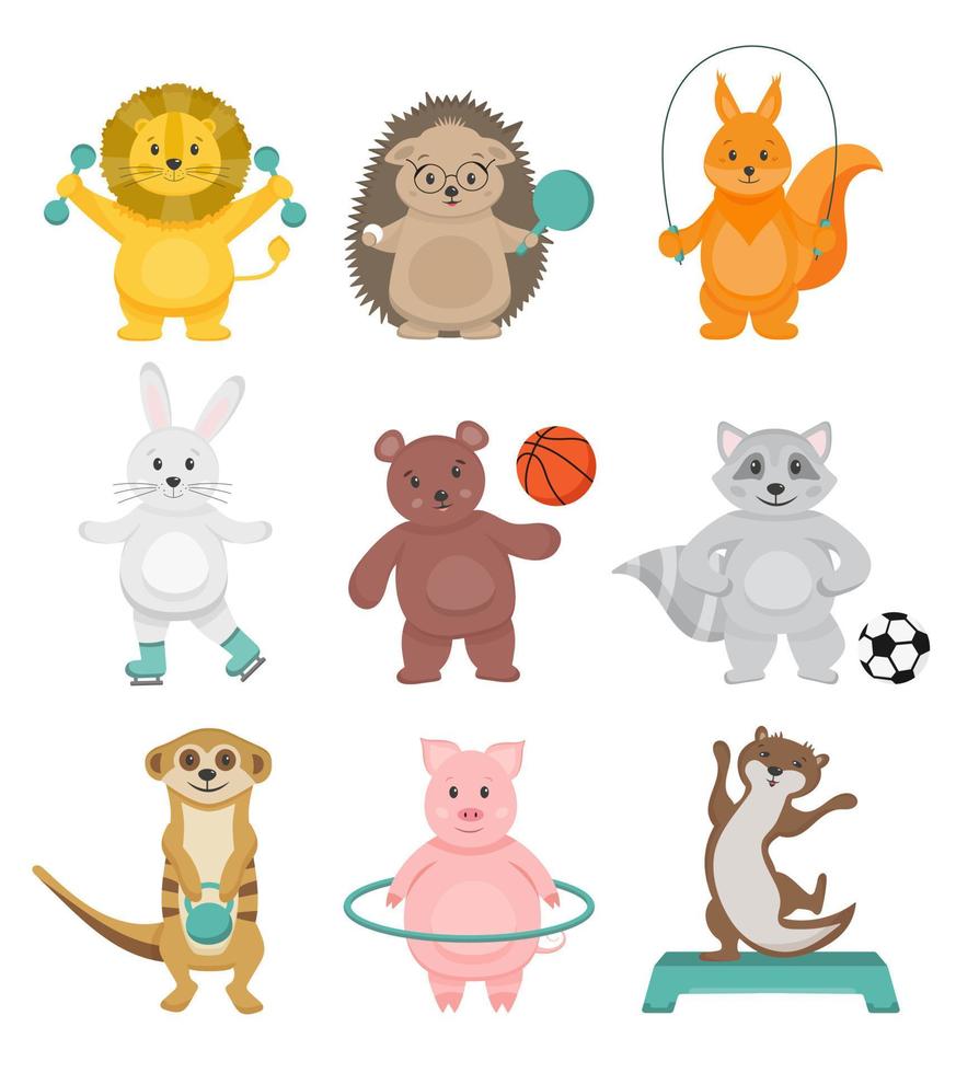 conjunto de colección de dibujos animados deportivos de animales. los animales lindos practican deportes. motivación para los niños. ilustración vectorial para la sección de deportes infantiles, fútbol, baloncesto, atletismo. vector