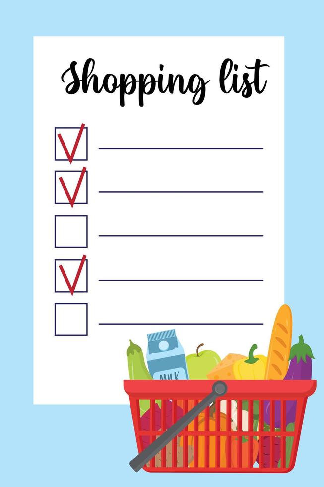 Shopping list template with supermarket busket with healthy food and