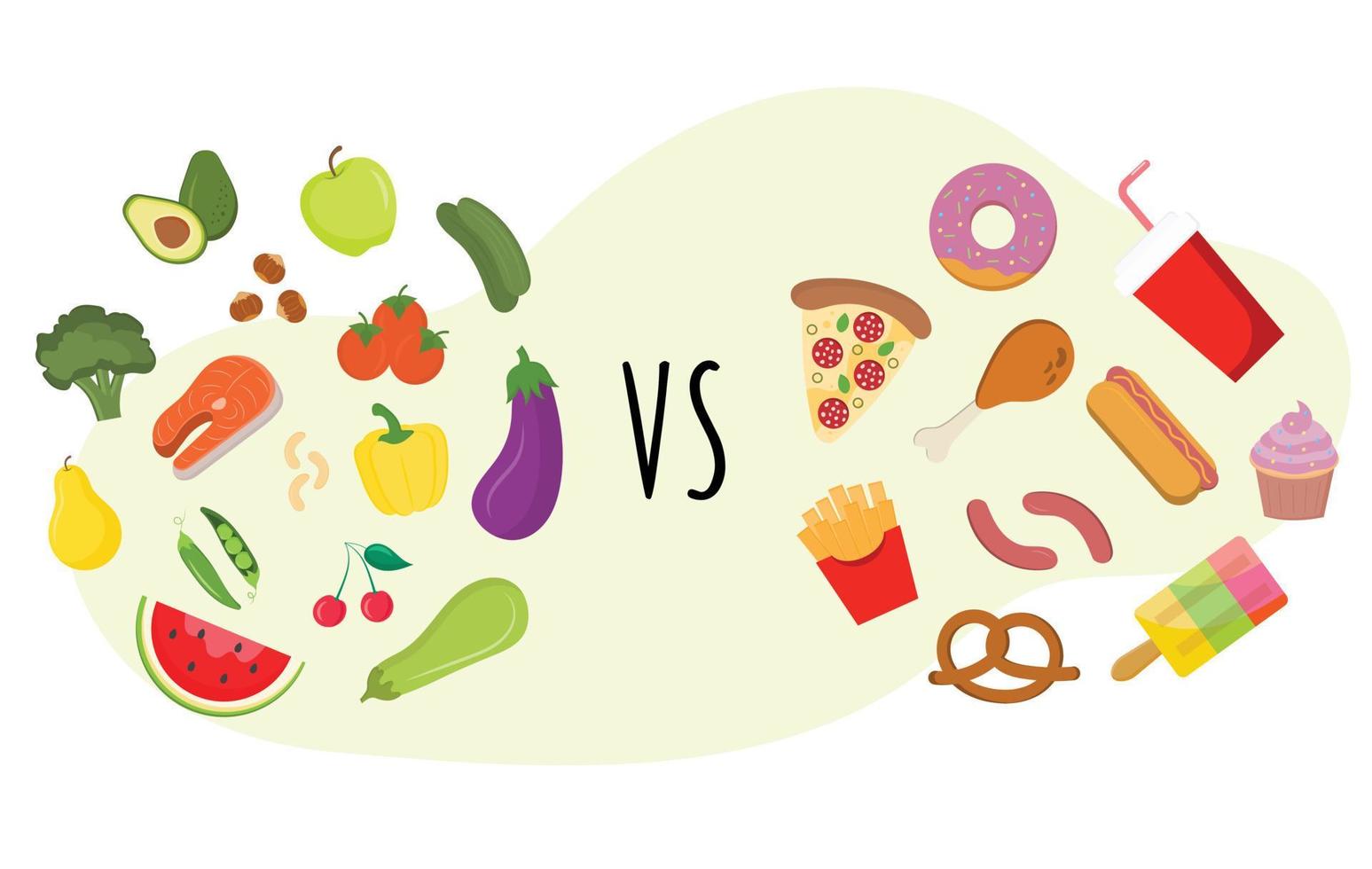 Comida nutricional equilibrada vs colesterol de comida rápida. Comida saludable vs comida rápida. elección de la dieta. el concepto de nutrición adecuada, frutas y verduras saludables. elige lo que comes. comer comida sana. vector