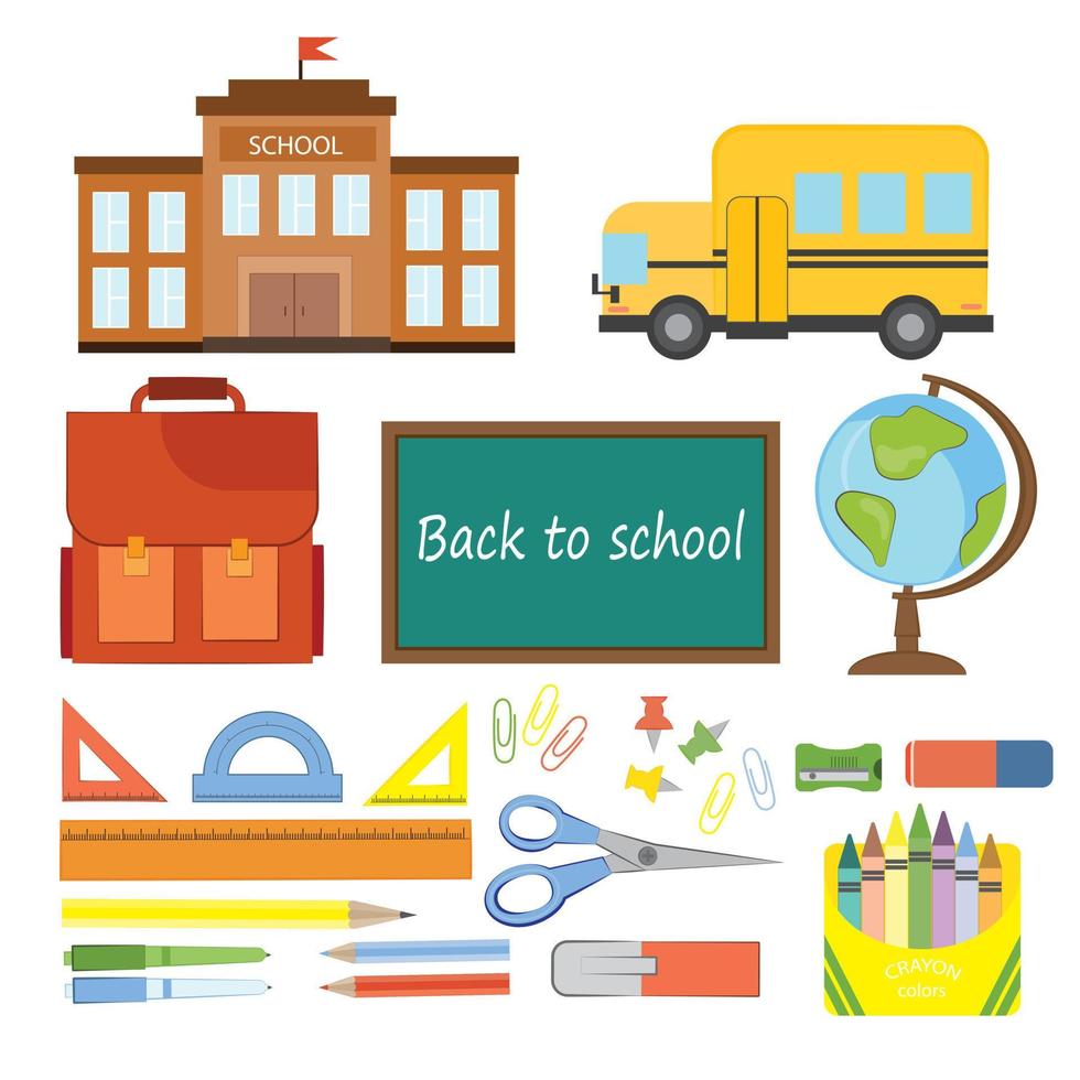 A set of school supplies elements for education and study. Color clipart with icons of schooling stationery. Back to school equipment. School student accessories color clipart. vector