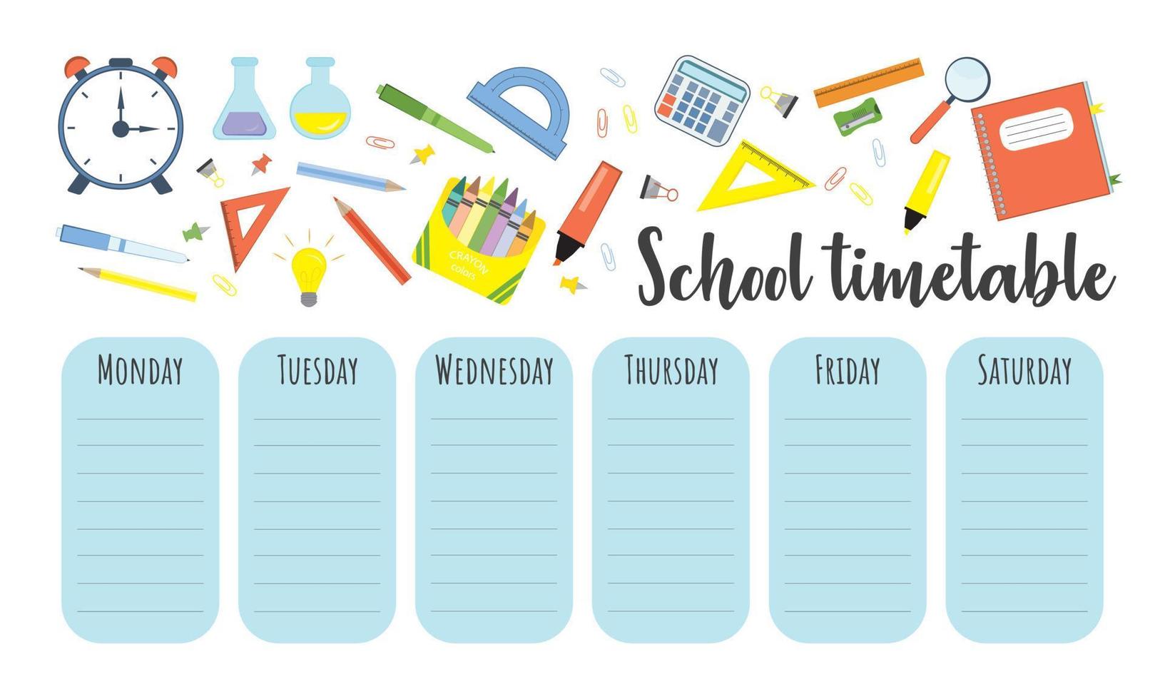 School timetable, weekly classes schedule for students or pupils.Illustration includes many education elements and school equipment. Schedule program for pupils. vector