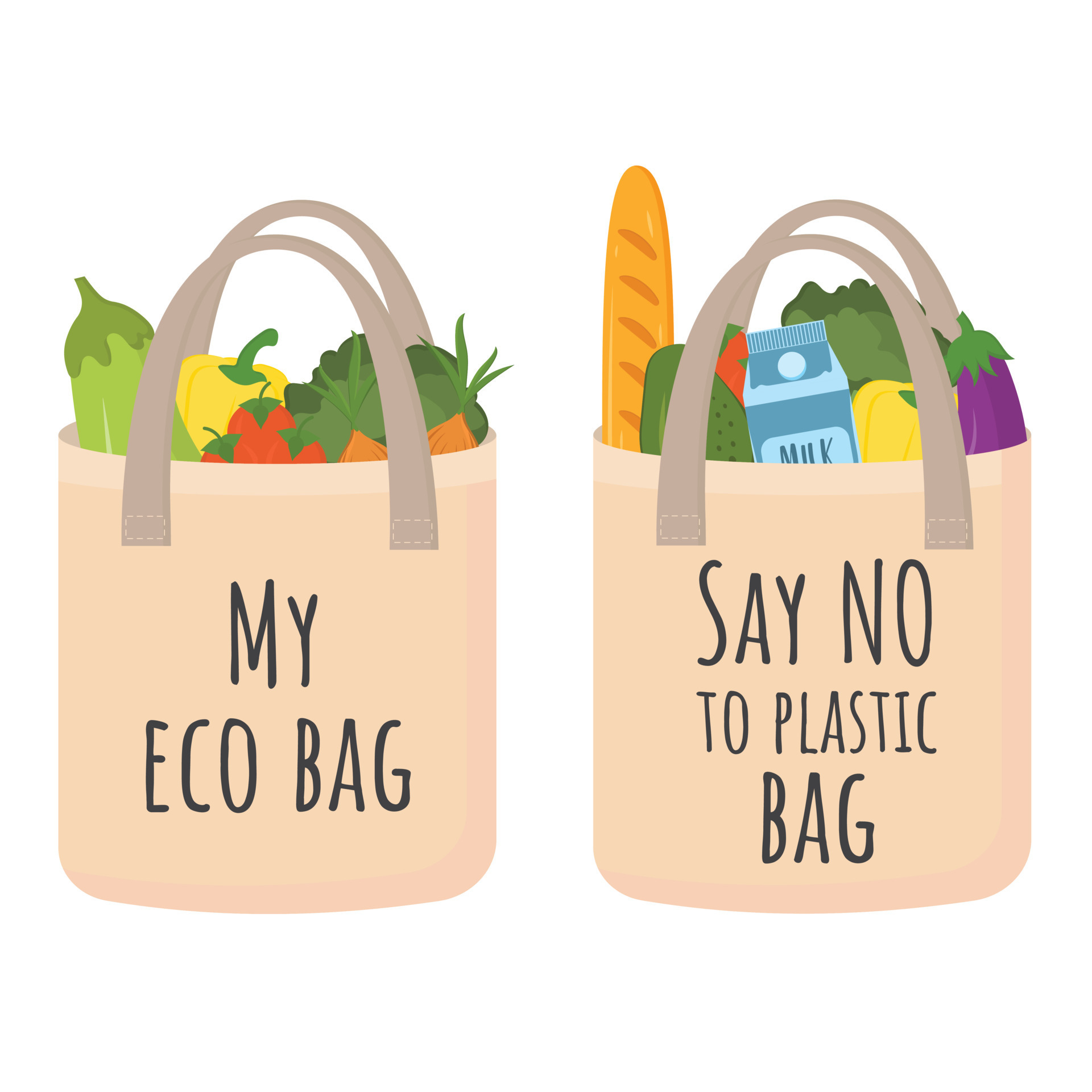 No plastic bags. Vector eco friendly textile recycling bag vs