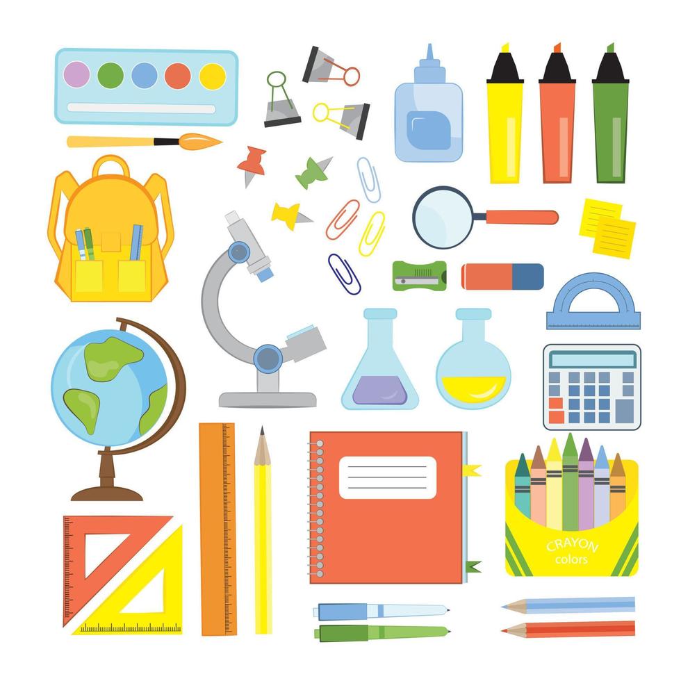 School supplies set. Flat vector elements for education, school, study. School student accessories color clipart. Education elements isolated on white. Perfect for banner, poster, tag, notes.