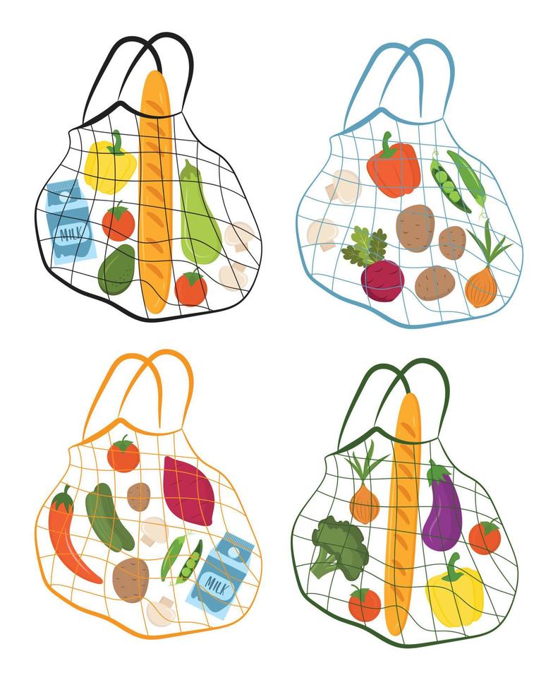 Set of mesh or net bag with fresh healthy products. Shopping reusable grocery cloth string bag. Zero waste, eco friendly concept. Say no to plastic bag, go to zero waste. Use eco reusable bag. vector