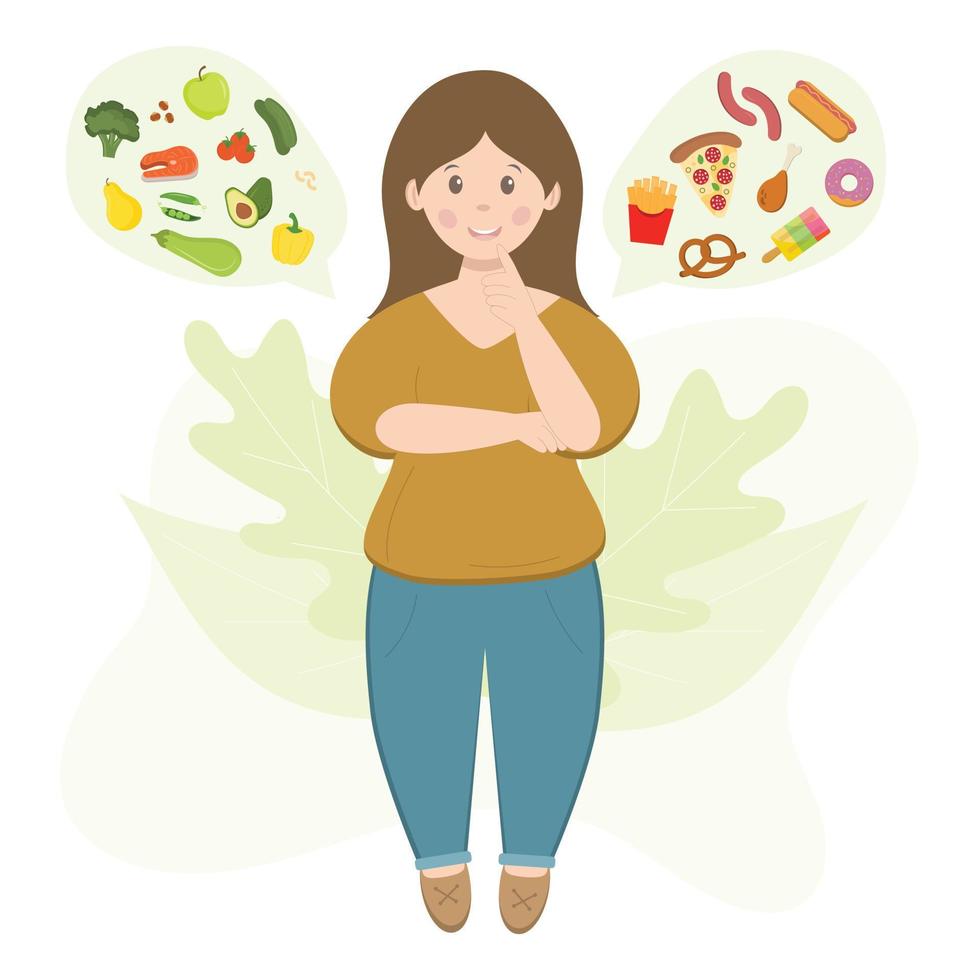 chica con comida sana y comida rápida. chica decide qué comer. mujer eligiendo entre alimentos saludables y no saludables. elección entre comida saludable y chatarra. comida rápida vs menú balanceado. vector