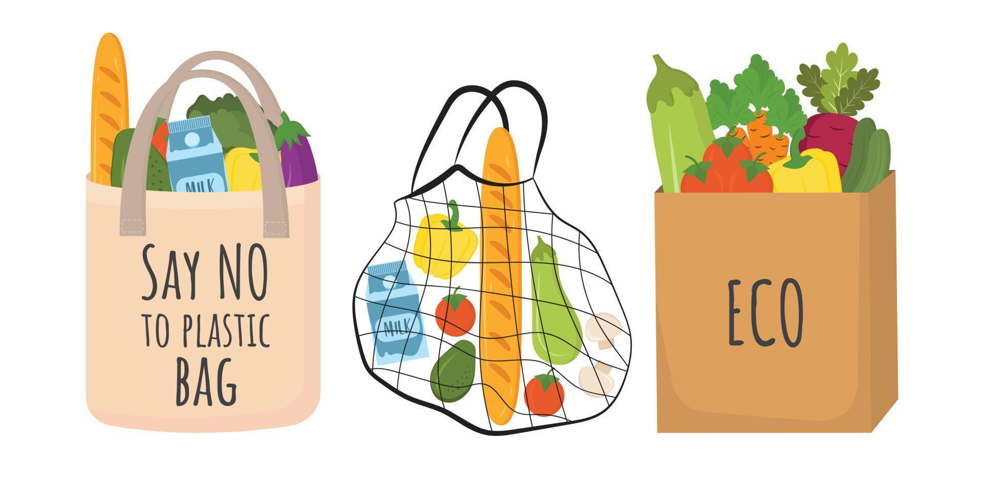 conjunto de bolsas de compras ecológicas malla o bolsa de red, textil y bolsa de papel. lindos elementos sin desperdicio. shopper, paquete de tela ecológica. bolsas vectoriales con alimentos y verduras saludables. comprando alimentos saludables. vector