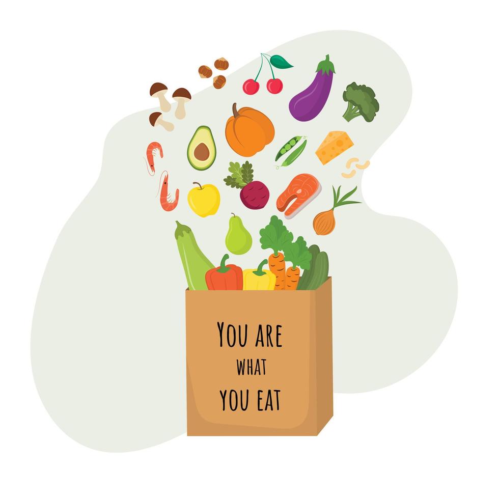 You Are What You Eat. Shopping bag and healthy food. Proper shopping. The concept of proper nutrition, healthy fruits and vegetables. Healthy Lifestyle concept. Choose what you eat. Eat healthy food. vector