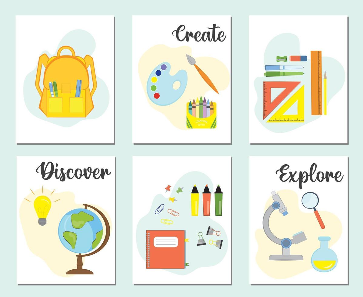 Set of Back to School greeting cards, posters or flyers. Collection of cards with school items and elements. Discover, explore, create concept. Modern teaching and learning symbol design. vector