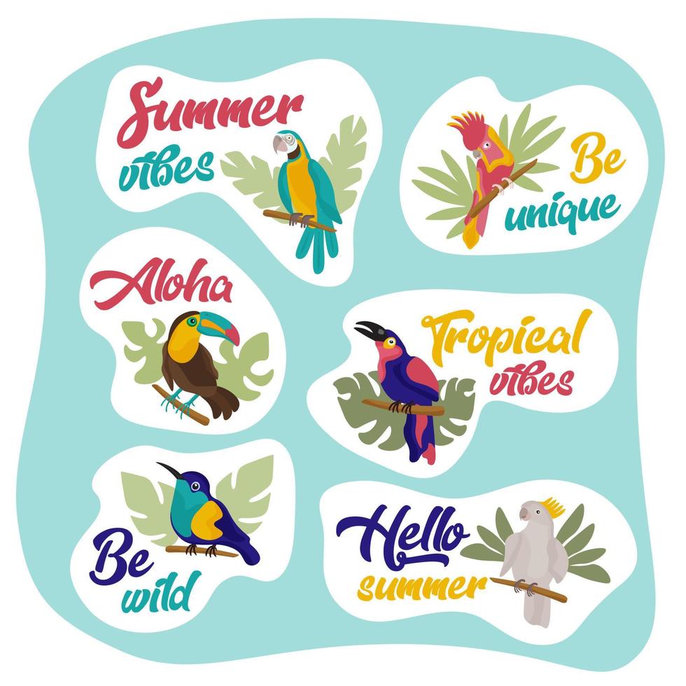 Bright colored parrot and tropical leaves. Cockatoo parrot in the tropics. Exotic birds. Multicolored summer bird. Stickers with tropical birds, hello summer, tropical vibes set. vector