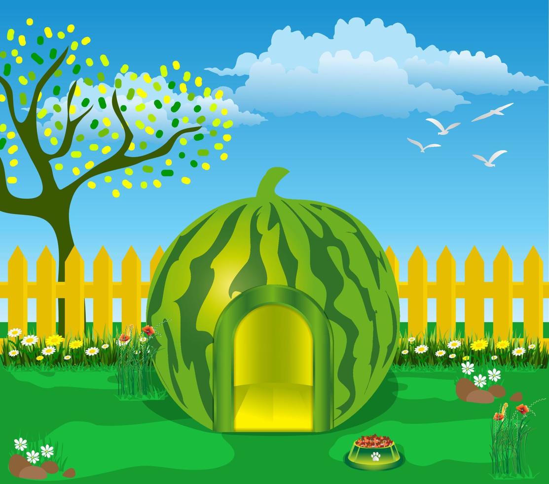 Watermelon Pets House with landscape background vector
