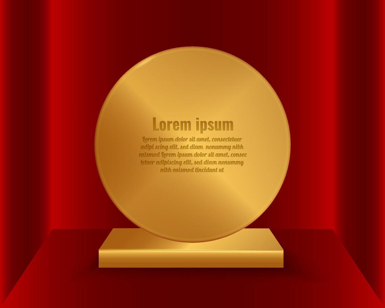 Rounded gold plaque award, plate medal isolated perspective gradient red color vector