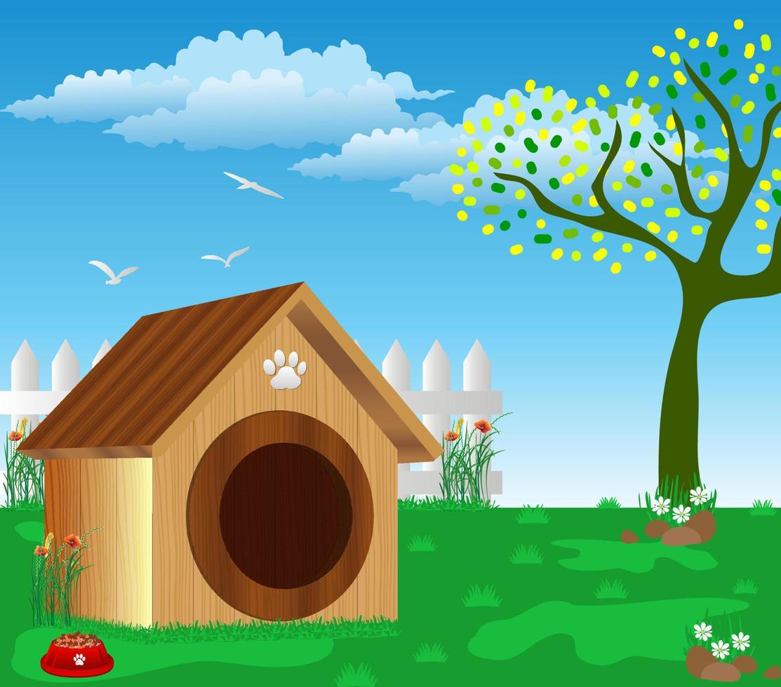 casa de mascotas de madera con fondo paisajístico vector