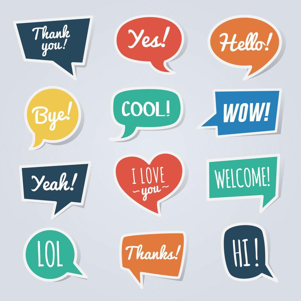 Paper speech bubble with short messages. Thank you, yes, hello, bye, cool, wow, yeah, lol, welcome, etc. vector