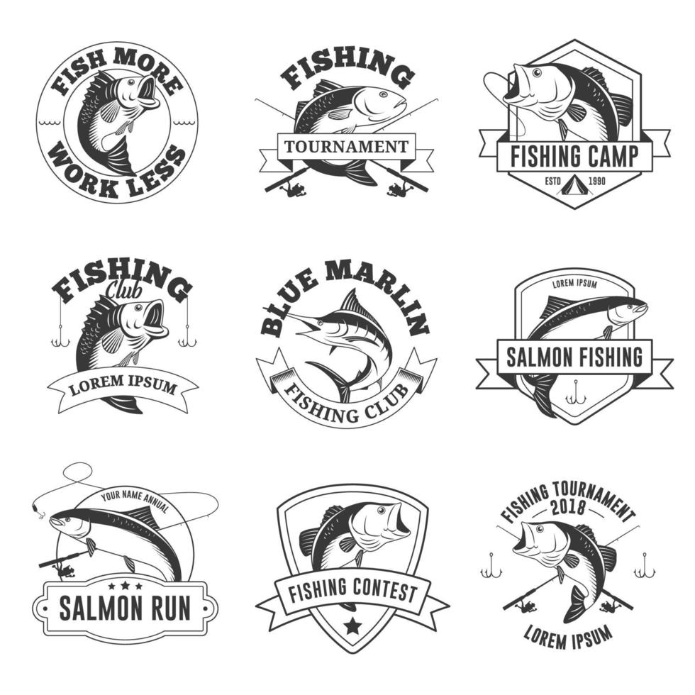 insignias de pesca con ilustración de lubina, salmón y aguja azul vector