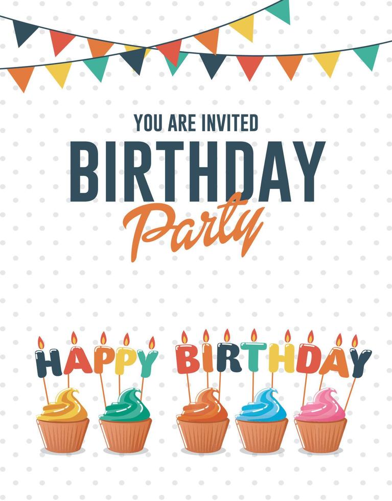 Birthday greeting and invitation card with colorful cupcakes vector