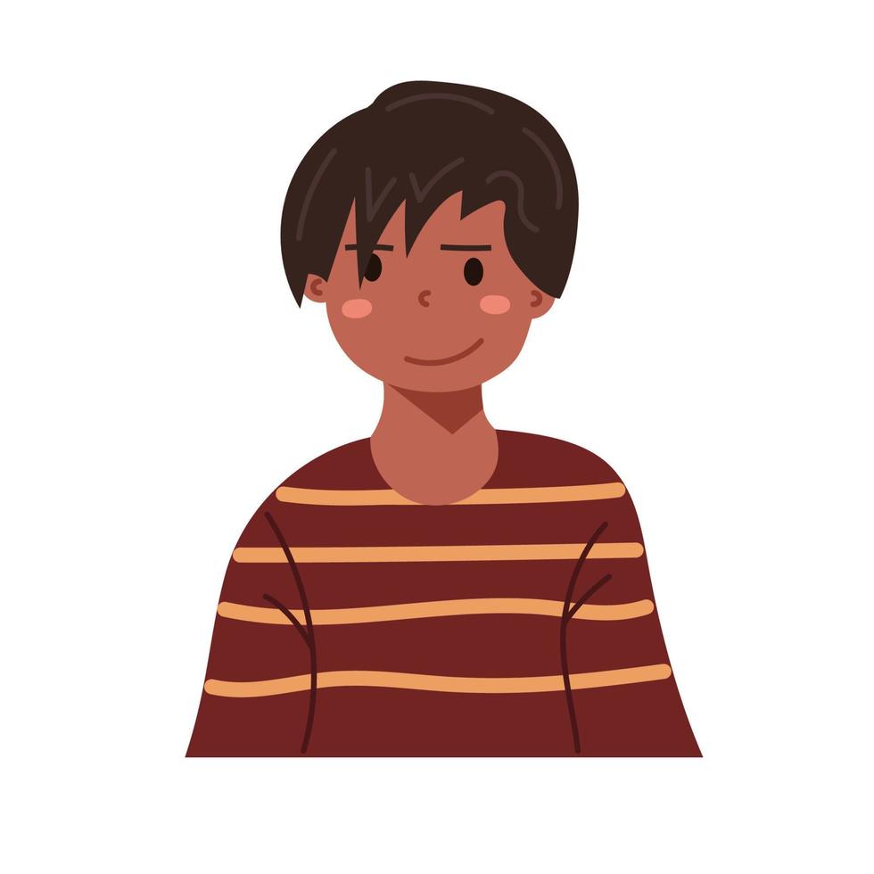 chico de cara de niño sonriente. niño avatar con retrato de cabeza de dibujos animados de piel. icono de personaje de la escuela. linda personita adolescente. ilustración vectorial plana aislada en blanco vector