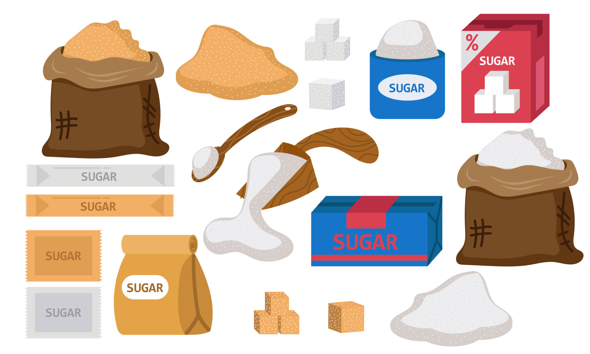 Sugar food pack brown and white. Granulated cube block cartoon and icon piece isolated sucrose vector illustration. Sweet stick set and cooking element drawing. Farm packaging sack and powder sand 10887121 Vector Sugar food pack brown and white. Granulated cube block cartoon and icon piece isolated sucrose vector illustration. Sweet stick set and cooking element drawing. Farm packaging sack and powder sand 10887121 Vector