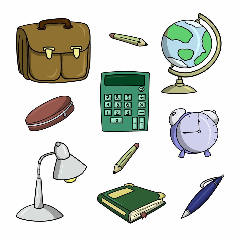un conjunto de iconos de colores, artículos escolares y accesorios, un maletín de cuero, una lámpara de mesa, bolígrafos y lápices, una ilustración vectorial en estilo de dibujos animados sobre un fondo blanco vector