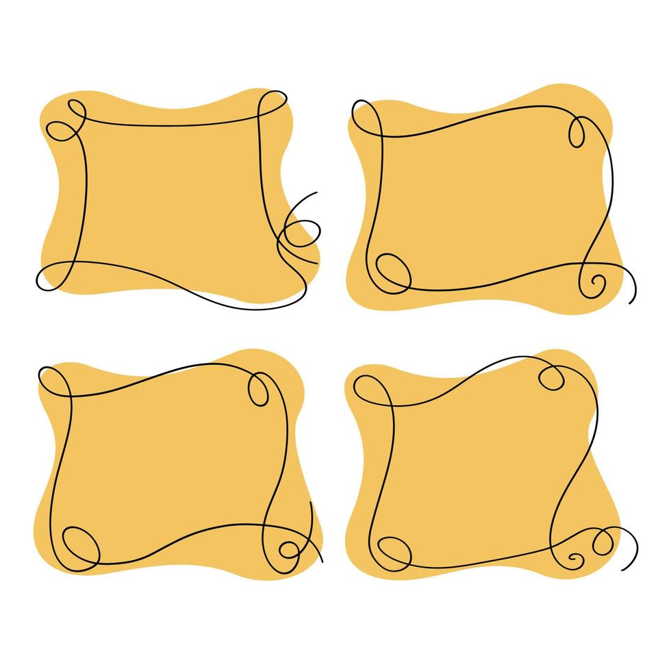Vector Set of orange rectangular frames with rounded edges and curlicues, drawn by hand with a single line