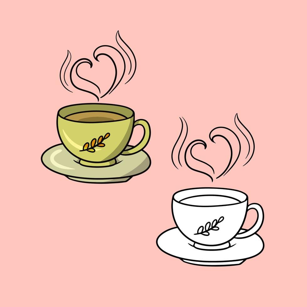 A set of pictures, a beautiful yellow cup with an autumn pattern, a hot drink, a vector illustration in cartoon style on a colored background