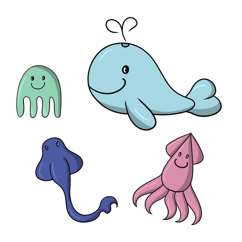 A set of colored icons, cute sea characters, a large whale, a stingray, a squid and a jellyfish, a vector illustration in cartoon style on a white background