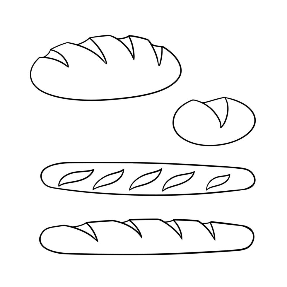 Monochrome Set of pictures, various loaves of white wheat bread, vector illustration in cartoon style on a white background