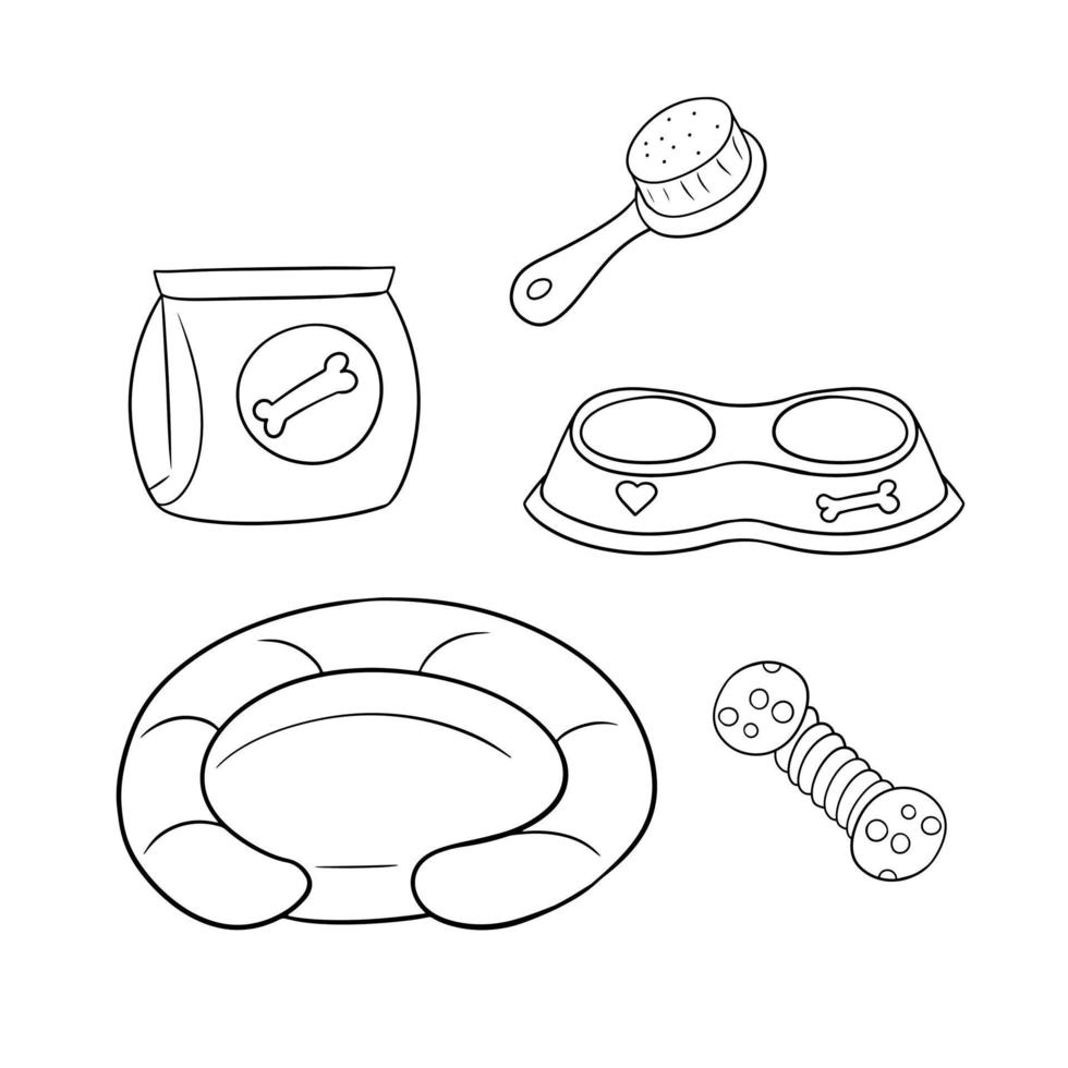 Monochrome set of icons, accessories for dogs, comb, double bowl and couch, vector illustration in cartoon style on a white background