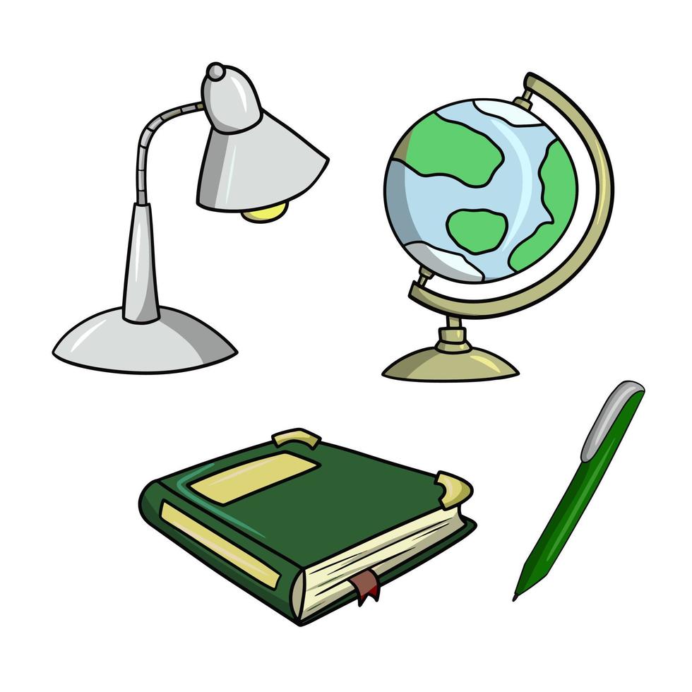 A set of colored icons, school homework items, vector illustration in cartoon style on a white background