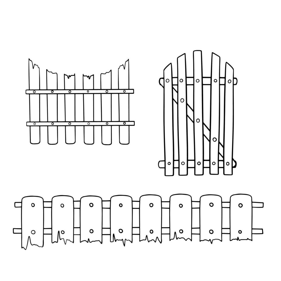 conjunto de iconos monocromos, antigua valla de madera con una parte superior semicircular, puerta, ilustración vectorial en estilo de dibujos animados sobre un fondo blanco vector