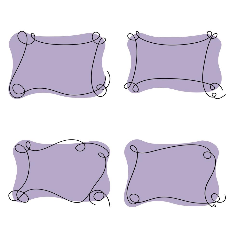 A set of lilac rectangular frames with rounded edges and curlicues, hand-drawn in one line, vector illustration