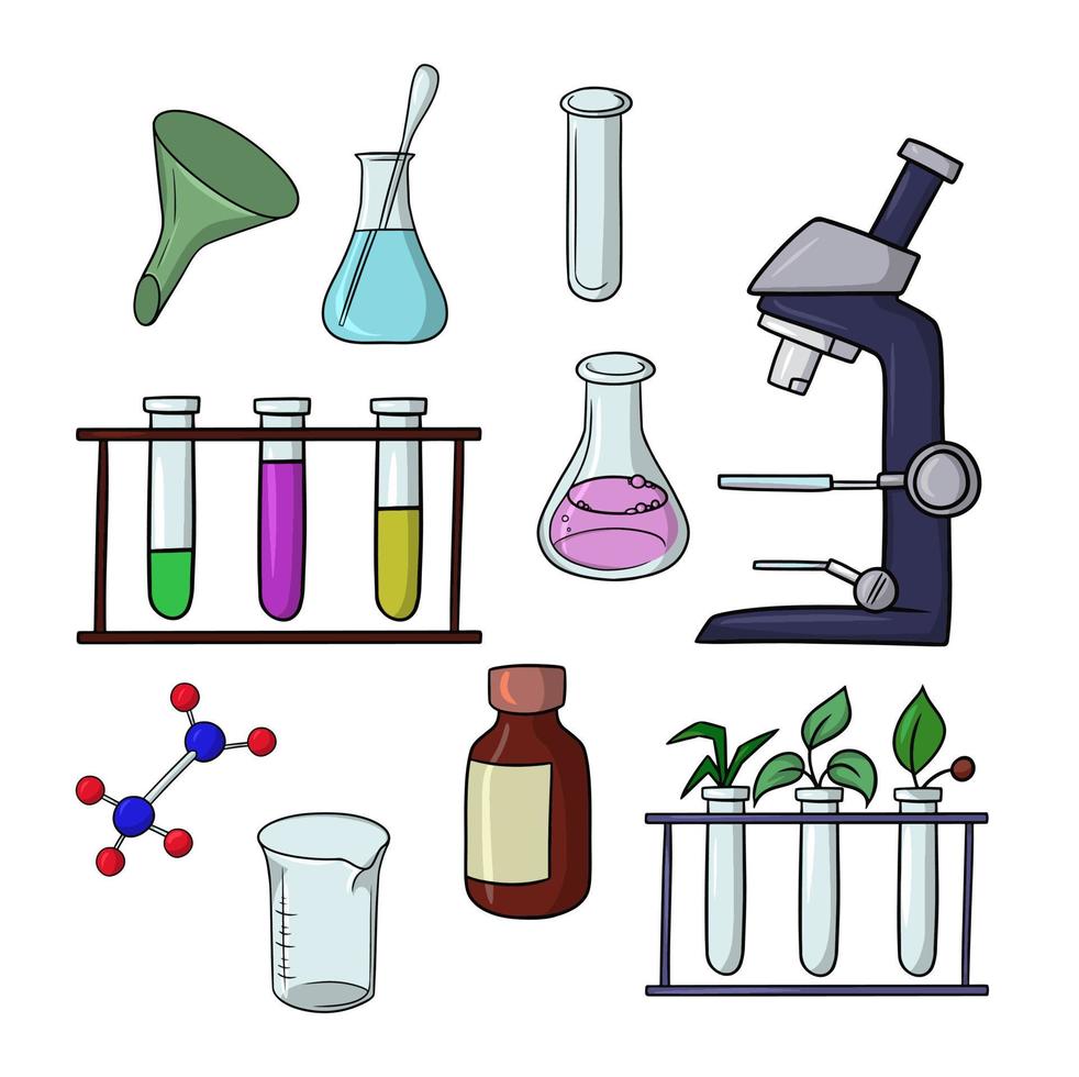 un gran conjunto de iconos de color, experimentos químicos y biológicos con un microscopio, ilustración vectorial en estilo de dibujos animados sobre un fondo blanco vector