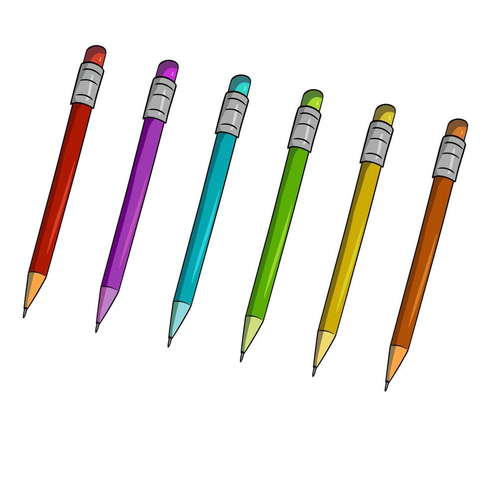 A set of colored pencils with an eraser, vector illustration in cartoon style on a white background