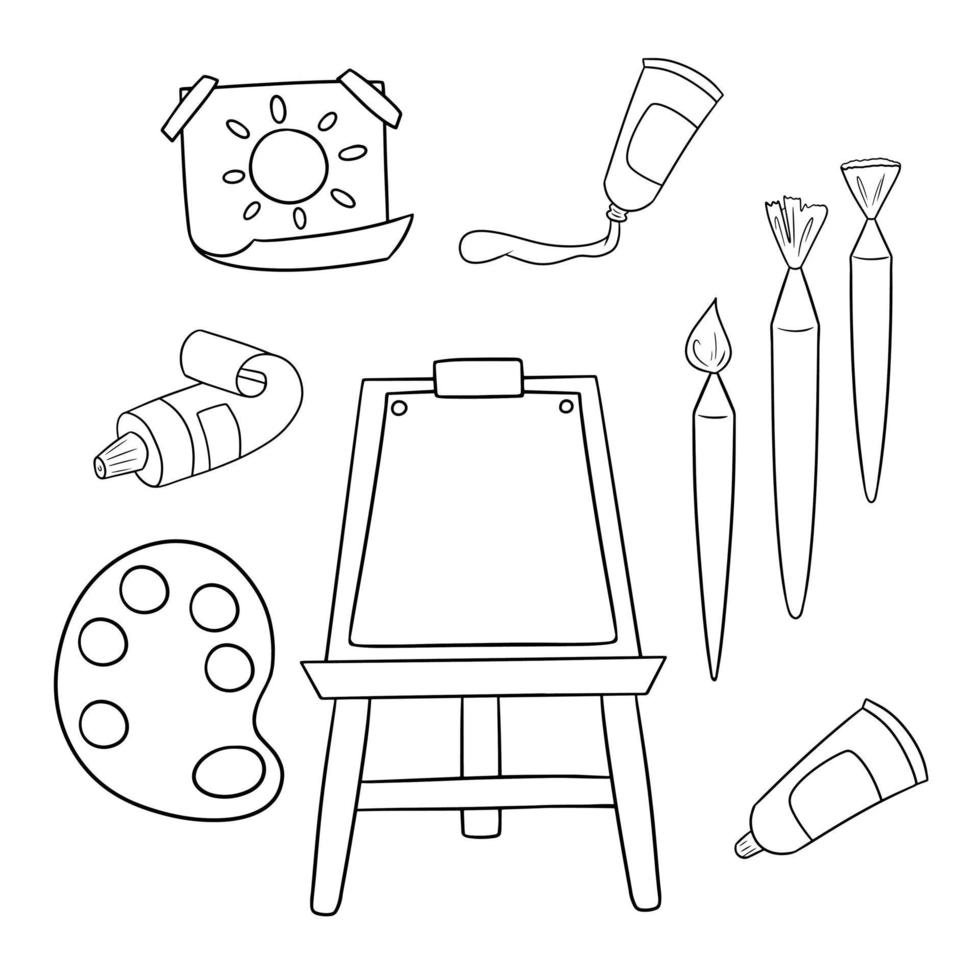 Monochrome set of icons, tools for visual creativity, tubes of paints, brush and easel, vector in cartoon style