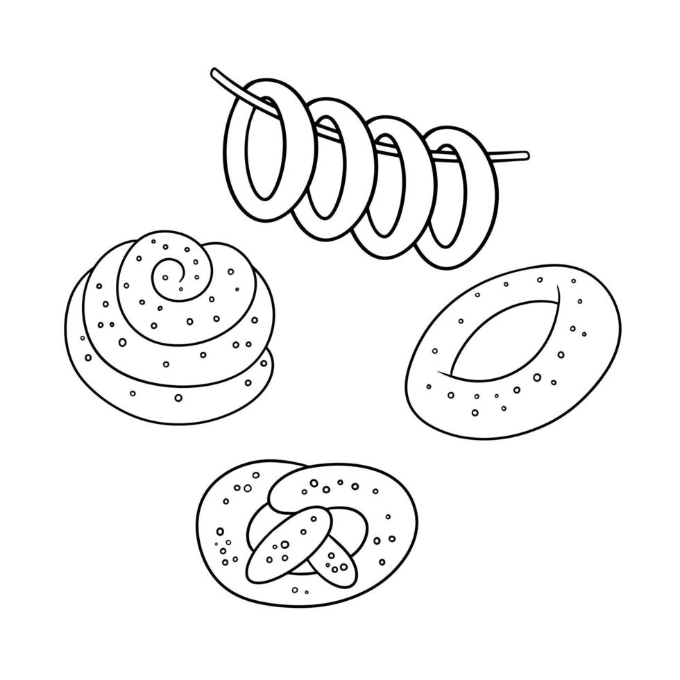 Monochrome Set of delicious cakes, pretzels and bagels sprinkled with sesame and poppy seeds, vector cartoon illustration on a white background