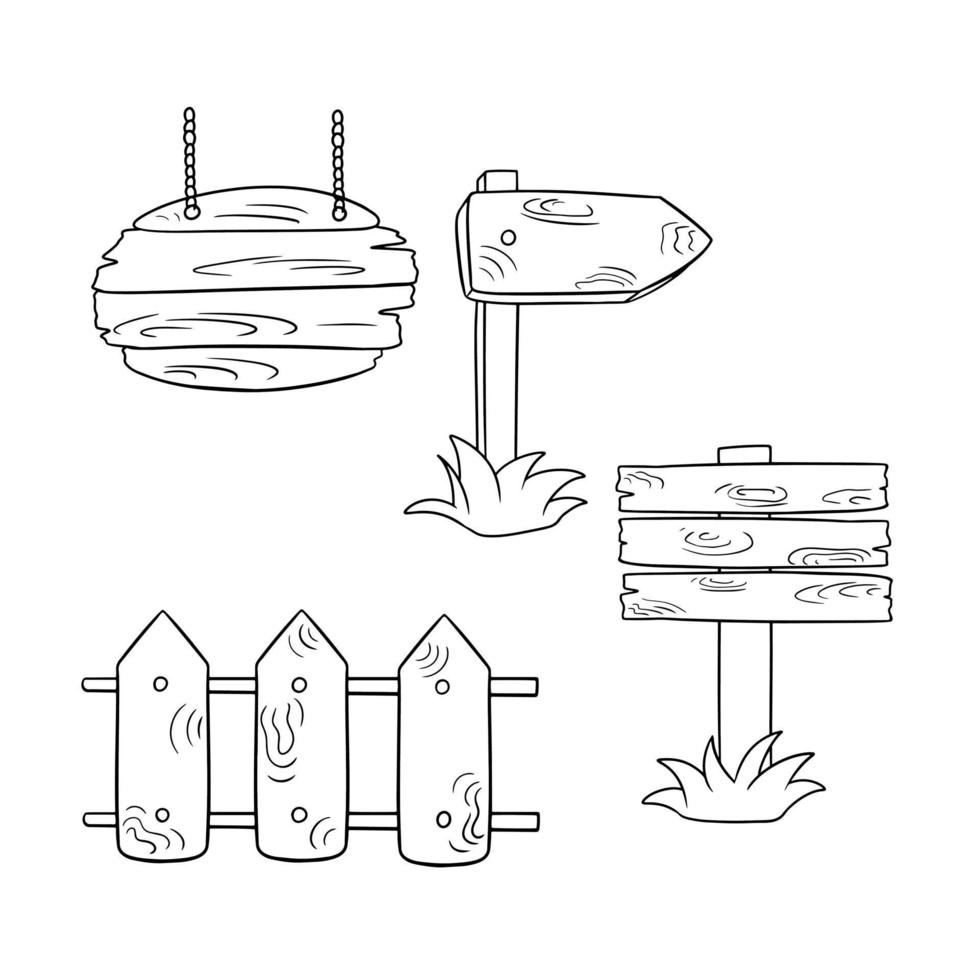 Monochrome set of icons, vintage wooden objects, signboard, fence and pointer, vector illustration in cartoon style on a white background