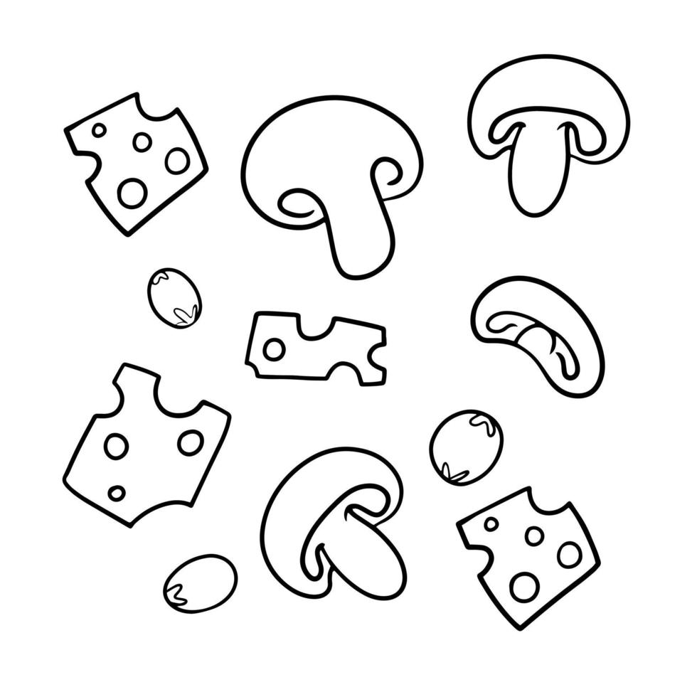 Monochrome picture, a set of salad ingredients, slices of cheese, olives and mushrooms, vector illustration in cartoon style on a white background
