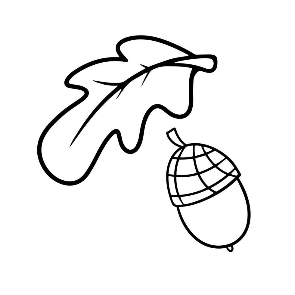 Monochrome picture, oak leaves and ripe acorns, vector illustration in cartoon style on a white background