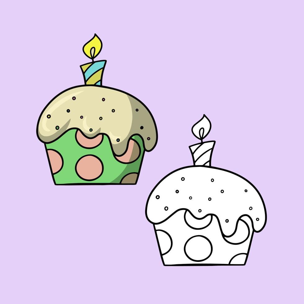 A set of pictures, a festive muffin with a candle. Delicious cupcake with multicolored sugar crumbs, vector illustration in cartoon style on a colored background