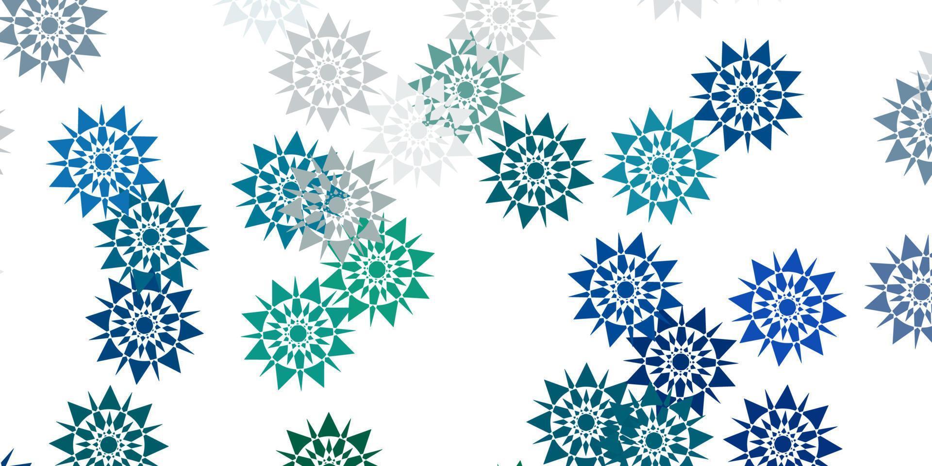 diseño de vector azul claro, verde con hermosos copos de nieve.