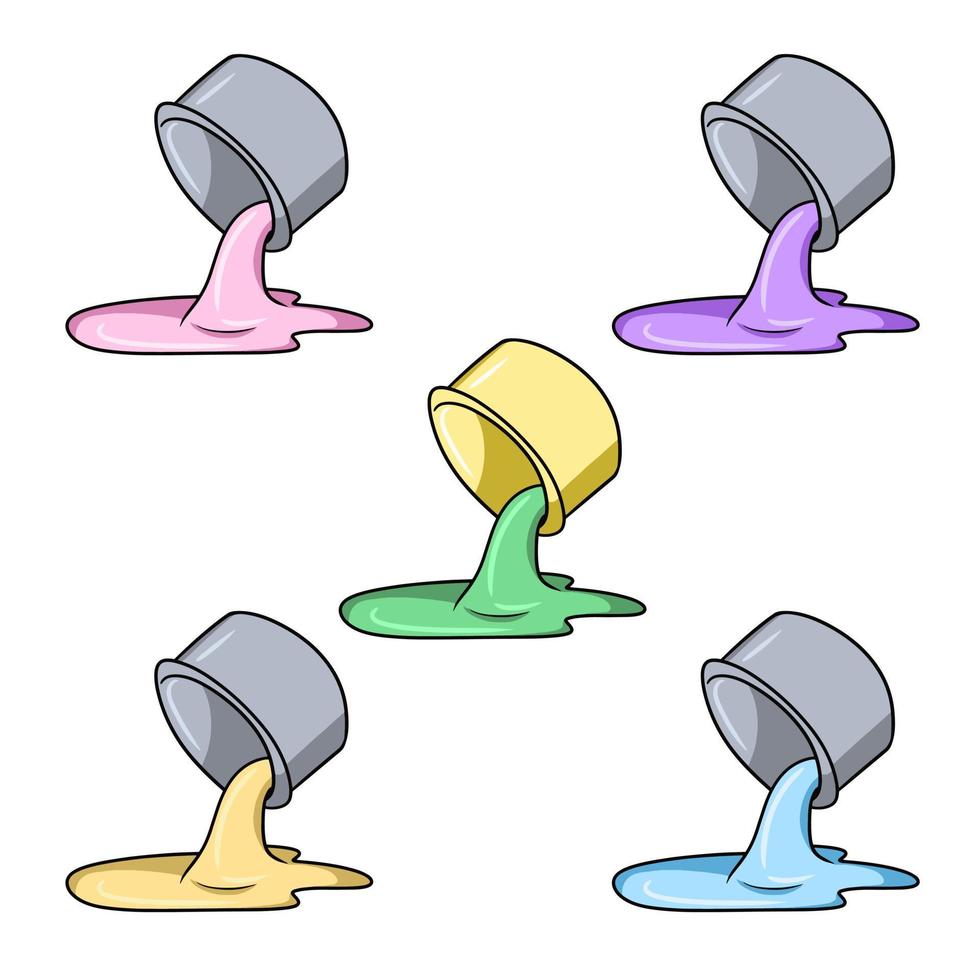 A set of colored icons, paint pouring from a jar, cartoon vector illustration on a white background